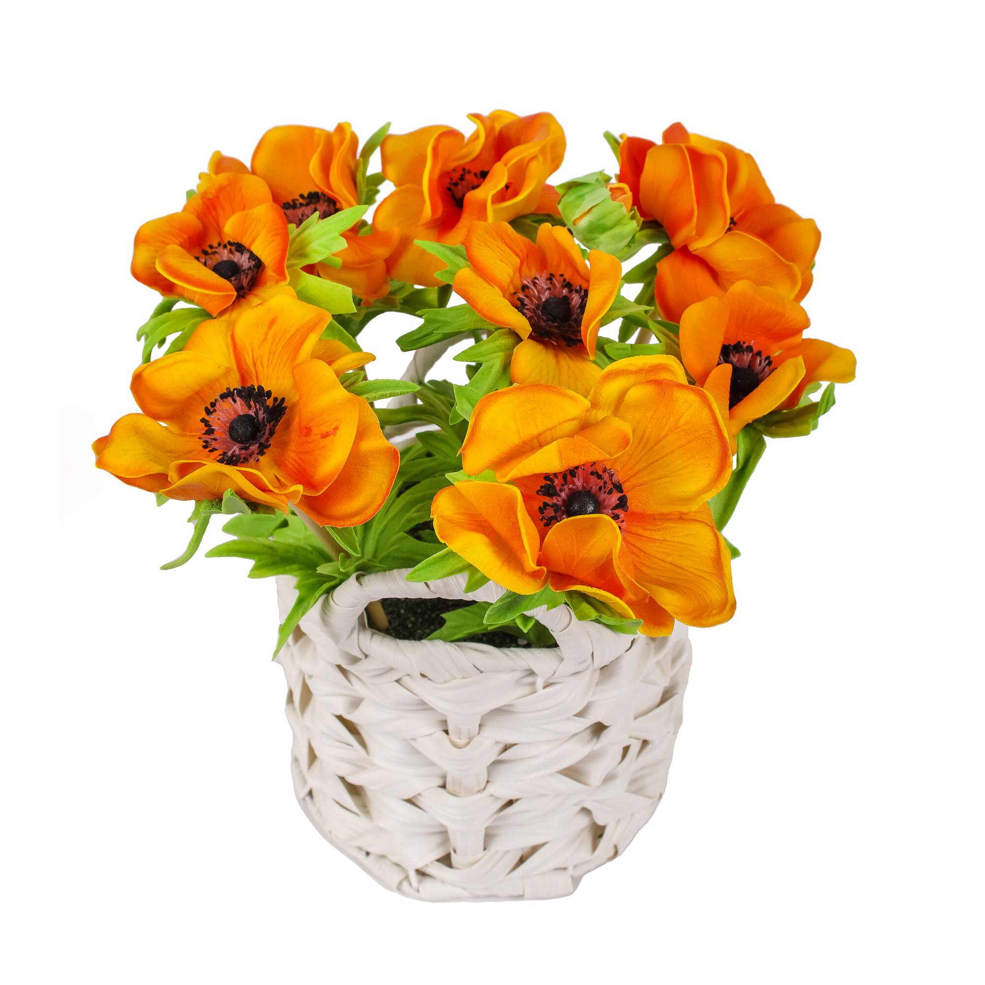 10" Anemone Flower Bouquet In White Basket